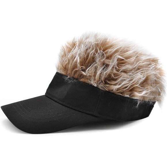 Men's Black and Brown Adjustable Visor Hat with Spiked Wigs Fake Hair Visor - Picture 3 of 9